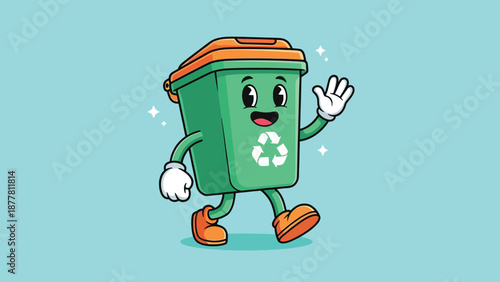 Cute cartoon green recycling bin character waving hello.