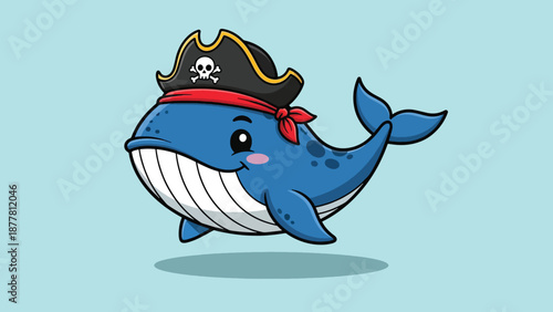 Cute Cartoon Whale Wearing Pirate Hat Illustration.