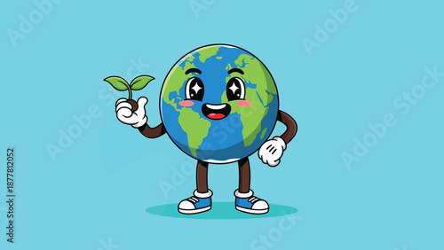 Cute Earth Character Holding a Sprout Symbolizing Environmental Care.