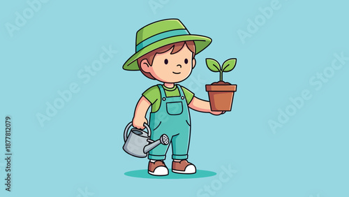 Cute Gardener Boy Holding Plant and Watering Can.