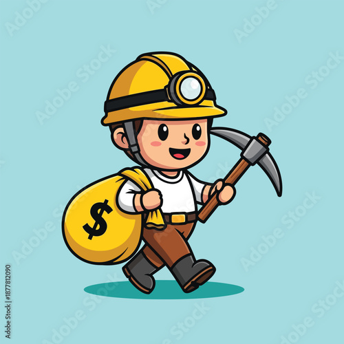 Cute Miner Character Carrying Money Bag and Pickaxe.