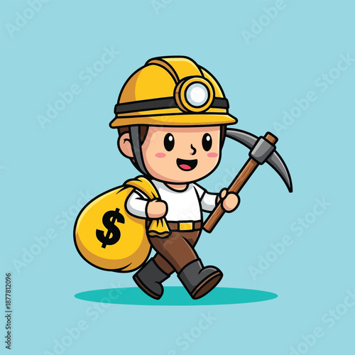 Cute Miner Character Carrying Money Bag with Pickaxe.