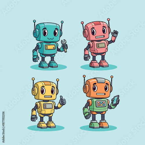 Cute Robot Characters Set.