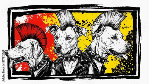 Punk rock dogs with mohawks in leather jackets