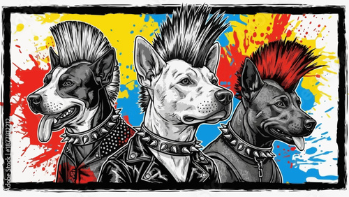 Three punk rock dogs with mohawks on colorful background