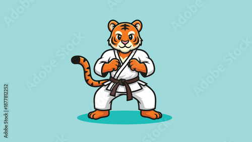 Cute Tiger Karate Fighter in White Gi with Black Belt.