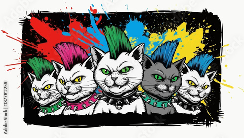 Punk rock cats with colorful mohawks and spiked collars