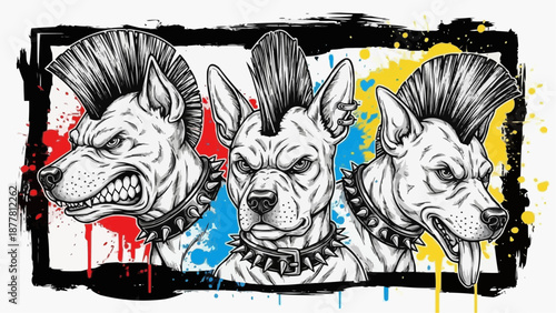 Punk rock pitbulls with mohawks and spiked collars