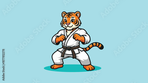 Cute Tiger Karateka Character Wearing Gi and Black Belt.