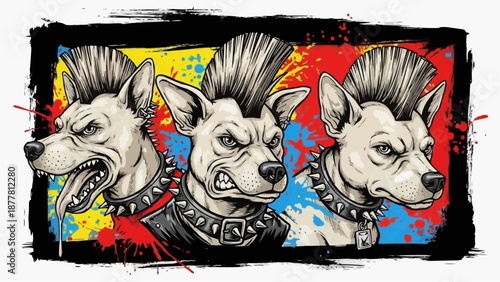 Punk rock dogs with mohawks and spiked collars