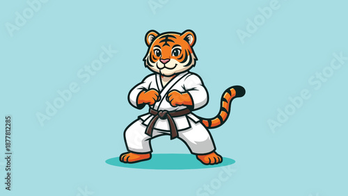 Cute Tiger Karateka Wearing White Gi and Black Belt.
