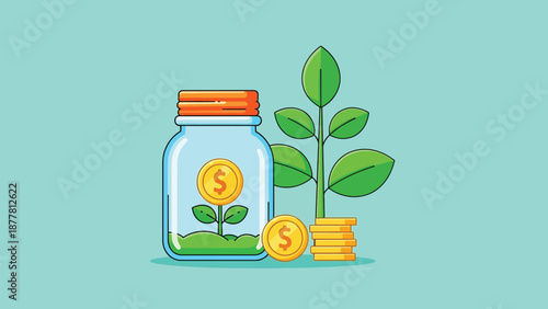 Money Tree Growing Inside a Glass Jar with Coins.