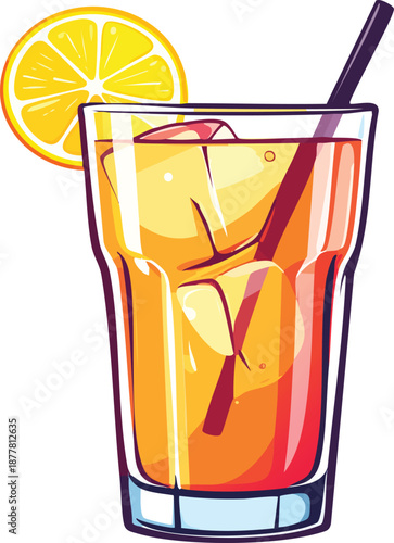 Vector illustration of a cold summer party drink in a glass with fresh fruit juice, ice cubes, and a citrus slice of lemon or lime for a refreshing alcohol beverage celebration at the bar