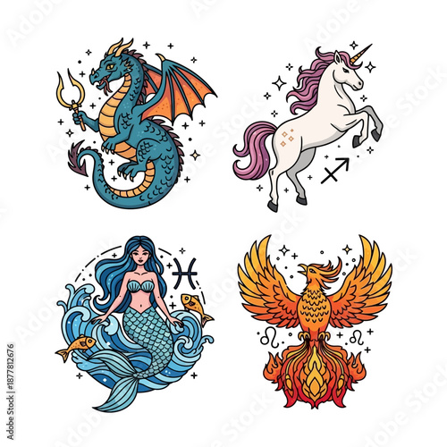 Collection of four colorful mythical creatures and fantasy beings, including a dragon, unicorn, mermaid, and phoenix, in a vibrant illustration style.