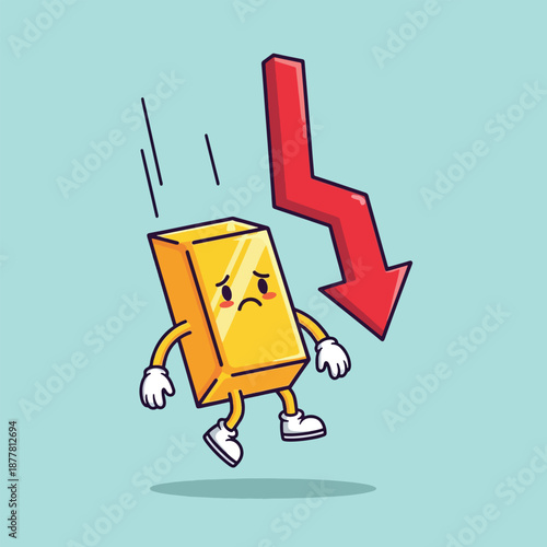 Sad Gold Bar Character Falling with Downward Red Arrow.