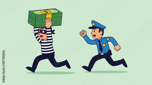 Thief carrying stolen money bag chased by police officer illustration.