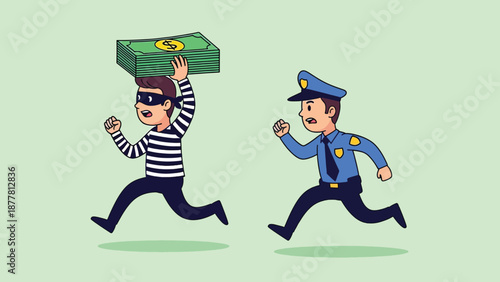 Thief Running with Money Bag Chased by Police Officer.