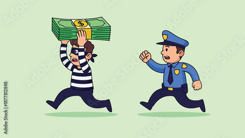 Thief running with money bag chased by police officer cartoon illustration.