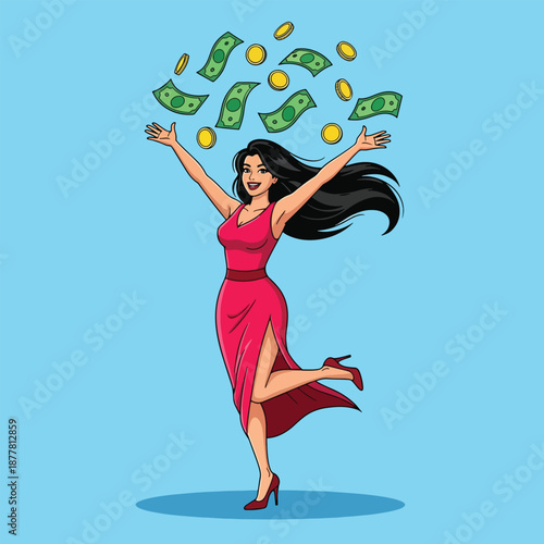 Woman happily throwing money with coins in the air.