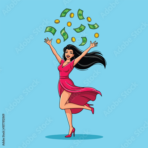 Woman happily throwing money and coins in the air.