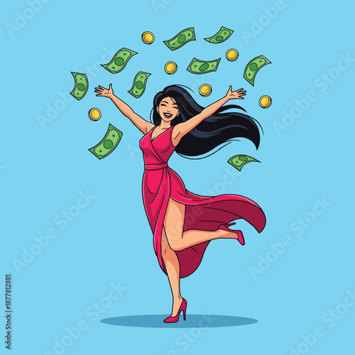 Woman in Red Dress Celebrating with Falling Money and Coins.