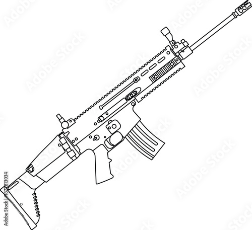 Outline of a an FN SCAR 7.62mm semi-automatic assault rifle side view vector illustration. ASSAULT RIFLE VECTOR 