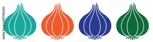 Scallion green onion vegetable different style icon set. Line, solid and filled outline colorful icon, vector sign and symbol. Scallion icon for grocery, cooking and food ..