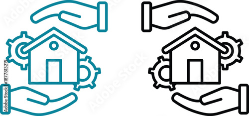 Real Estate and Property Management Icon set. Home, Housing, Investment and Mortgage Symbols. Property for sale, land plot zoning, and building construction concepts.