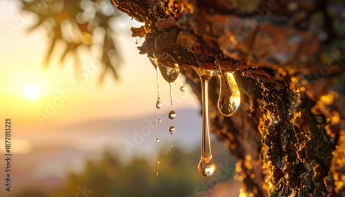 Golden Resin Drops on a Pine Branch at Sunset.