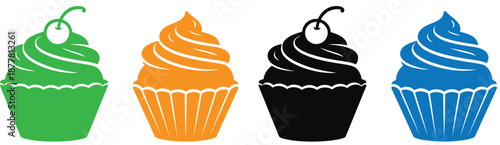 Four sweet dessert icons in a collection featuring a cupcake or soft serve with swirled frosting in various graphic styles like line art, a solid glyph, and simple colored cartoon.