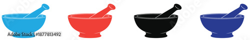 Collection of Pixel Art Mortars and Pestles in Yellow Black and Red Colors with Retro Design Elements for Game Graphics. Colorful collection of mortar and pestle icons in varying styles displayed.
