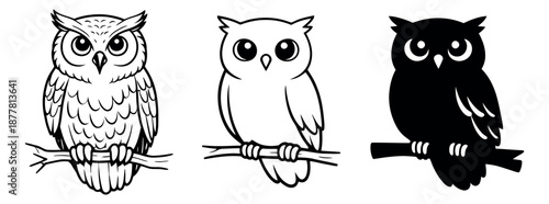 Cartoon owl set featuring hand drawn, line art, and silhouette styles for nature and education projects