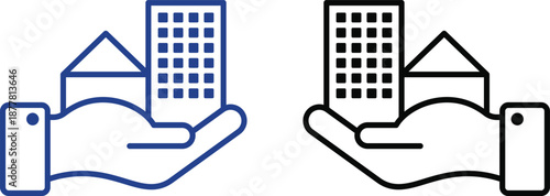 Real Estate and Property Management Icon set. Home, Housing, Investment and Mortgage Symbols. Property for sale, land plot zoning, and building construction concepts.