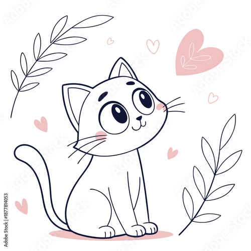 Cute cartoon cat with hearts and leaves