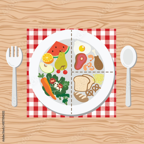 Healthy Foods Balanced Plate Vector Illustration with Fruits, Vegetables, Protein and Carbohydrates
