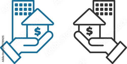 Real Estate and Property Management Icon set. Home, Housing, Investment and Mortgage Symbols. Property for sale, land plot zoning, and building construction concepts.