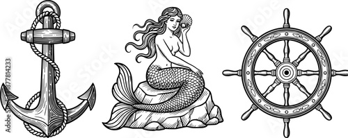 Vintage nautical set featuring hand drawn anchor mermaid sitting on rock and ship wheel isolated on white background vector illustration