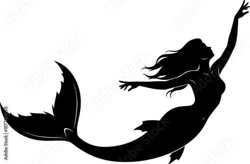 Graceful black silhouette of a mythical mermaid swimming upwards with flowing hair and a detailed tail isolated on white background