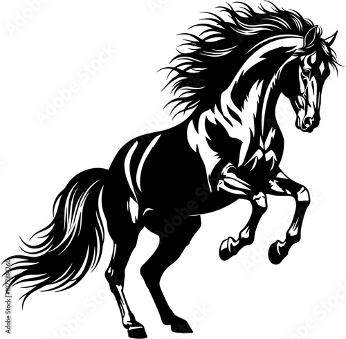 Powerful black rearing horse vector silhouette isolated on white, wild stallion mustang icon, majestic equine animal for sport mascot logo.