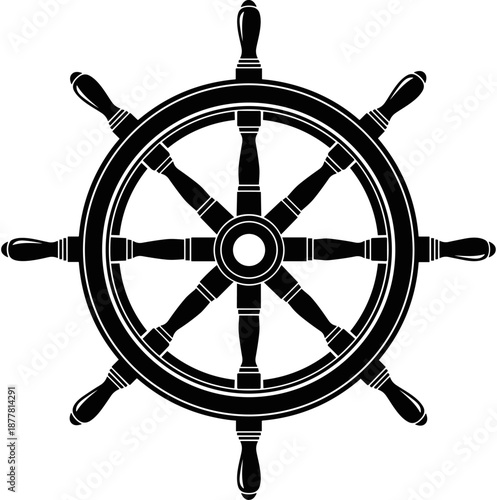 Vintage black ship wheel icon isolated on white, nautical maritime steering helm symbol for marine navigation, boat captain steering gear.