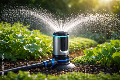 Smart garden sprinkler system irrigating lush green plants in a sunlit garden bed, showcasing efficient water distribution, eco-friendly gardening, modern irrigation technology, and outdoor care.
