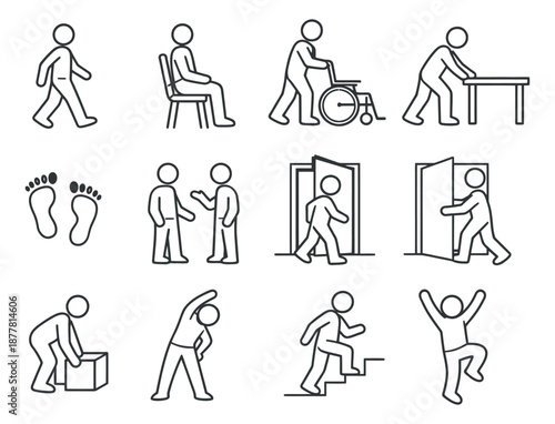 Line art human pictograms set featuring people performing various daily actions and movements for general design