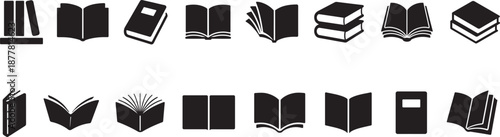 Book icons set in clean silhouette style for education, library, reading and publishing use.