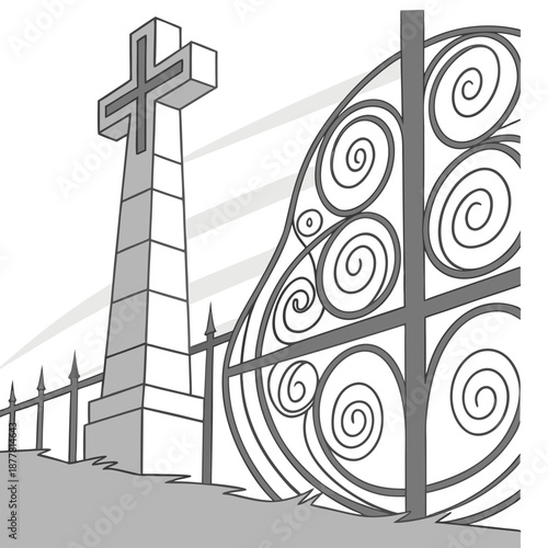 Cemetery with cross and ornate fence