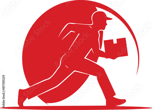 Determined courier delivering package in motion