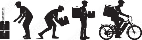 Delivery worker sequentially performing tasks from loading to biking