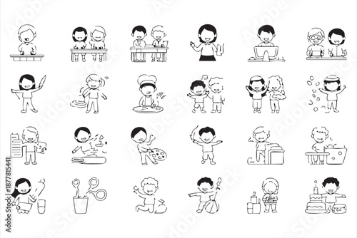 Children Learning Icons for Reading, Writing, Art, Science Projects