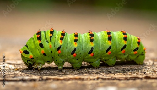 Close-up of a vibrant green caterpillar with striking markings.