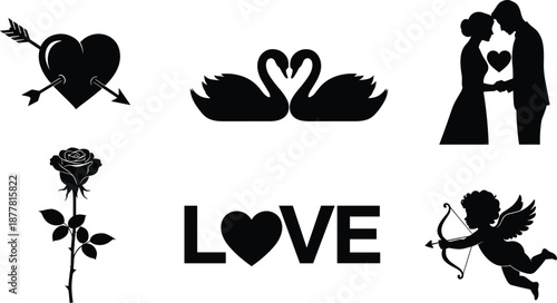 Love silhouette icons, heart, swans, couple, rose, cupid, romantic symbols, Valentine’s Day vector, affection, passion, black illustration set