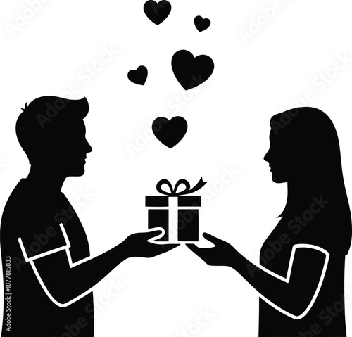 Valentine's day gift exchange silhouette isolated on transparent background